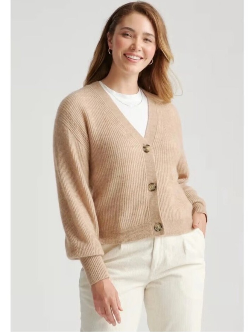 Quince Baby Alpaca Wool Tan Cropped Cardigan Small